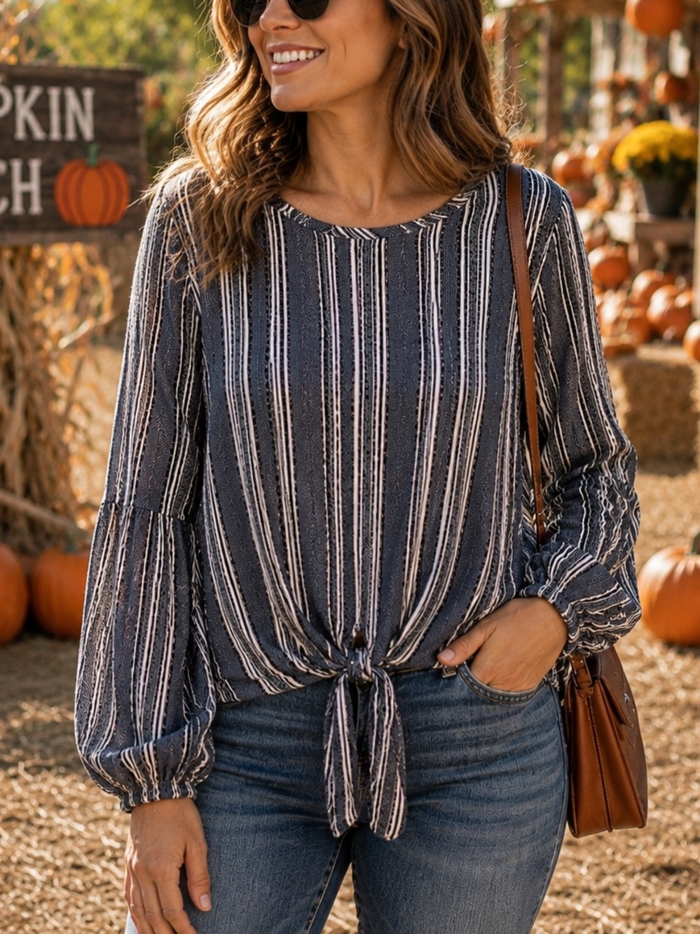 Keep In Touch L Striped Tied Front Top